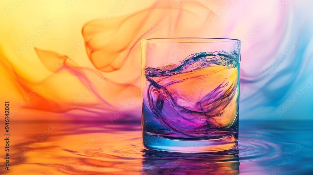 Poster a mesmerizing conceptual image showcasing a glass of water with vibrant dynamic colors swirling and 