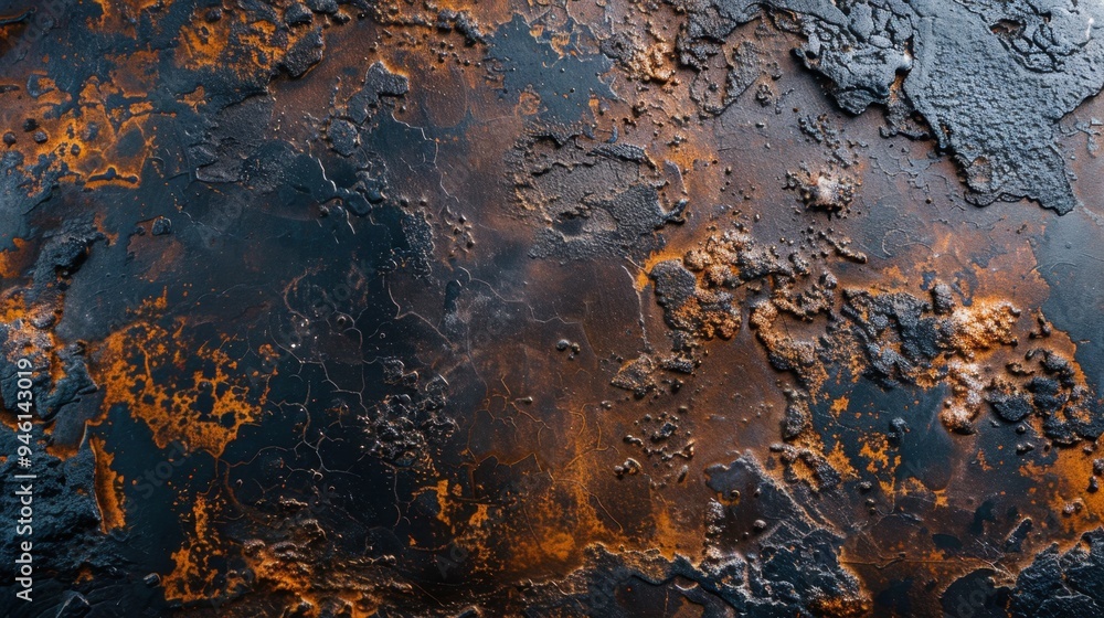 Poster flat lay of an oxidized iron surface with layers of rust and patina, creating a rugged, industrial f