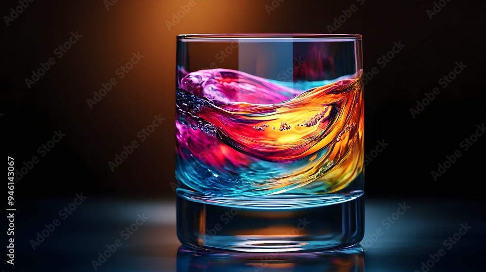 Poster a visually striking conceptual image featuring a glass filled with water and vibrant swirling colors