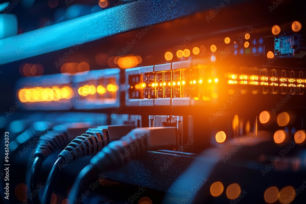 Poster cables and connections for data transfer in the digital world. network cables connected in network s