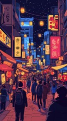 A lively group of tourists strolls through a bustling market street illuminated by colorful lanterns in the evening