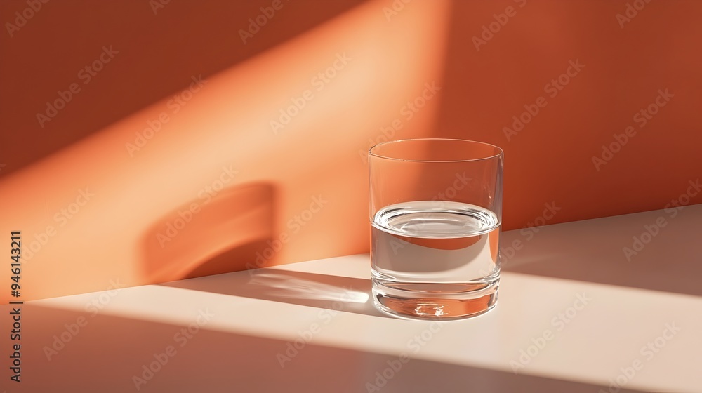 Poster Conceptual image of a glass of water sitting on a surface with shadows that don t match the object creating an abstract and surreal visual effect with potential for creative applications