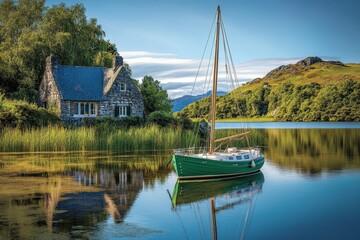 A small boat moored near a stone cottage on a lake