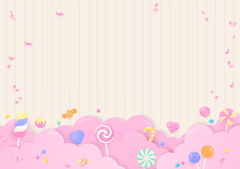 Candy and lollipop on pink cloud background