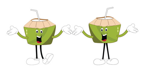 Set of green coconut fruit cartoon character, Mascot poses with smile expression Isolated Vector Illustration