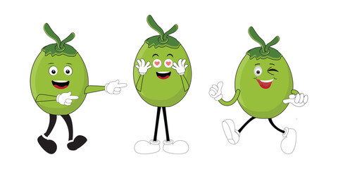 Set of green coconut fruit cartoon character, Mascot poses with smile expression Isolated Vector Illustration