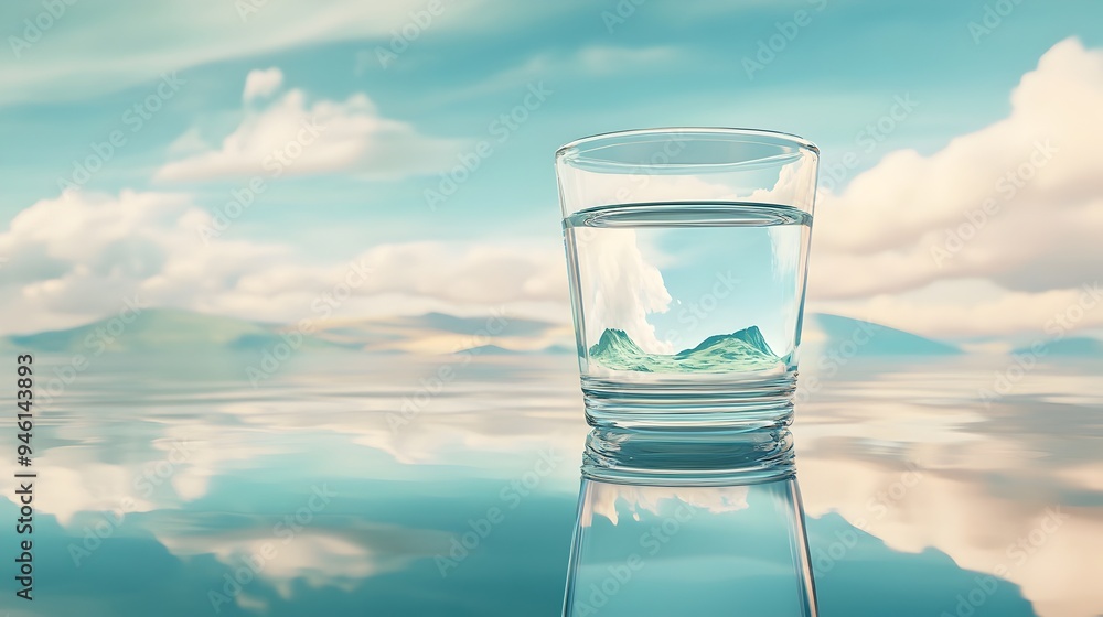 Poster a conceptual image of a glass of water reflecting a surreal dreamlike landscape with a calming ether