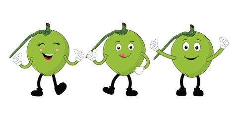 Set of green coconut fruit cartoon character, Mascot poses with smile expression Isolated Vector Illustration