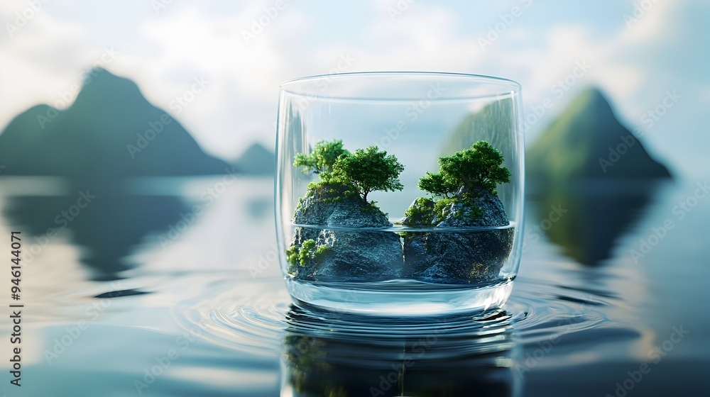 Poster conceptual image of a glass of water filled with tiny floating islands creating a serene and surreal