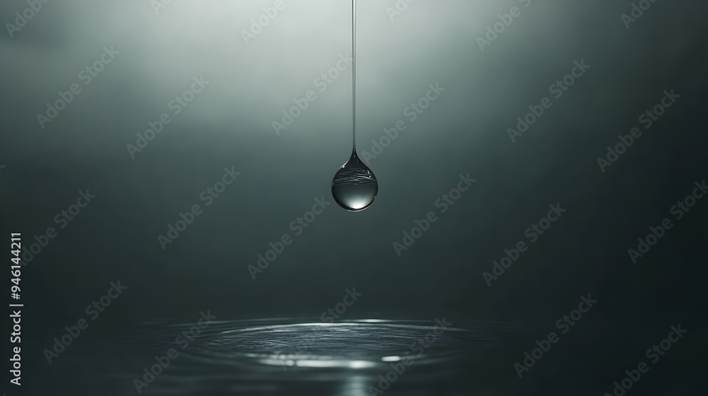 Poster Conceptual image of a single water droplet suspended in mid air with light passing through it creating a transparent and reflective effect
