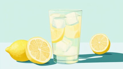 A cold glass of lemonade filled with ice and garnished with lemon slices sits alongside whole lemons, ideal for a summer refreshment