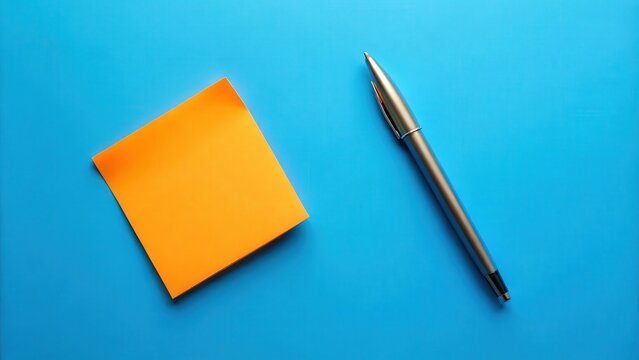 Orange note and pen on blue background for creative workspace