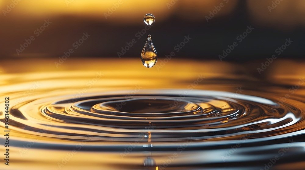 Poster a conceptual image of a solitary water droplet about to fall into a still clear pool creating a seri