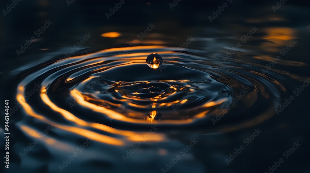 Poster conceptual image of a single water droplet about to fall into a still reflective pool creating subtl