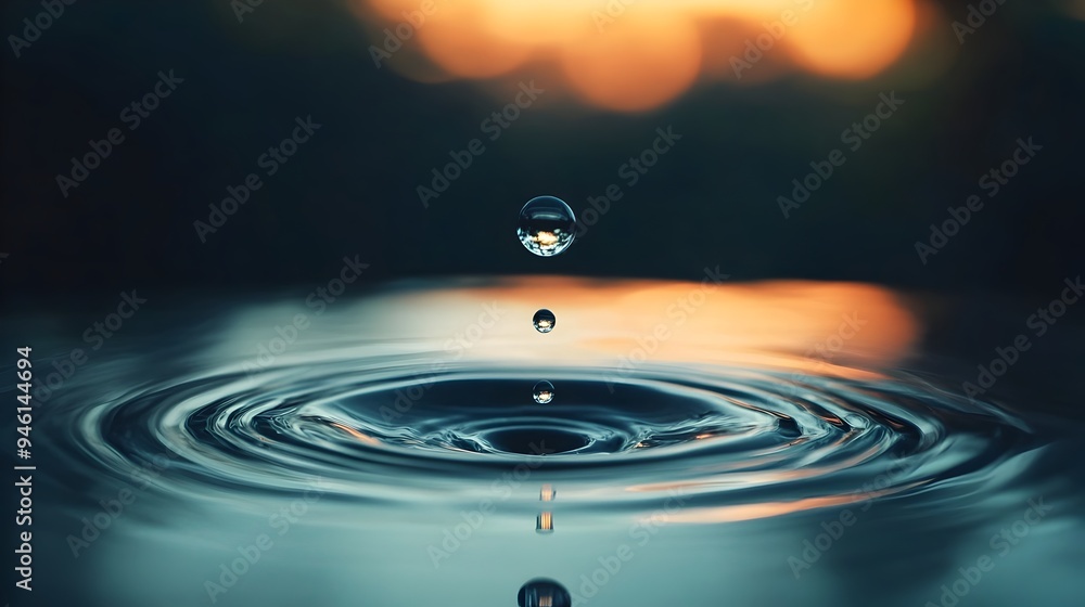 Poster conceptual image depicting a single water droplet about to fall into a still tranquil pool creating 