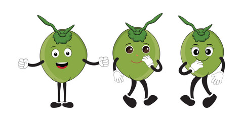 Set of green coconut fruit cartoon character, Mascot poses with smile expression Isolated Vector Illustration