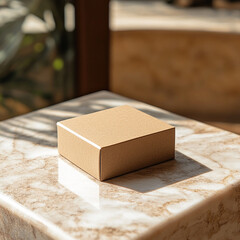 simple card box for product packaging on a wood table mockup generated by AI