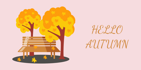 Naklejka premium Autumn banner. Hello autumn with trees, bench and leaves. Autumn park. Vector illustration.