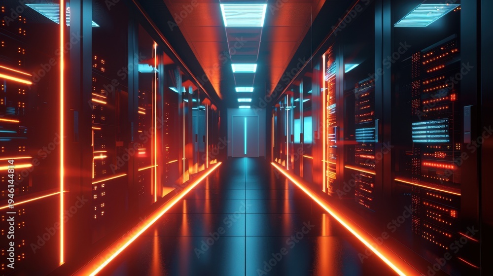 Poster futuristic server room with rows of sleek, illuminated servers, emphasizing the role of engineering 