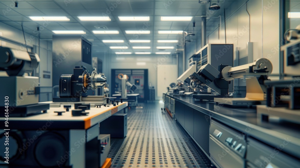 Poster high-tech engineering laboratory with a focus on advanced machinery and electronic components, empha