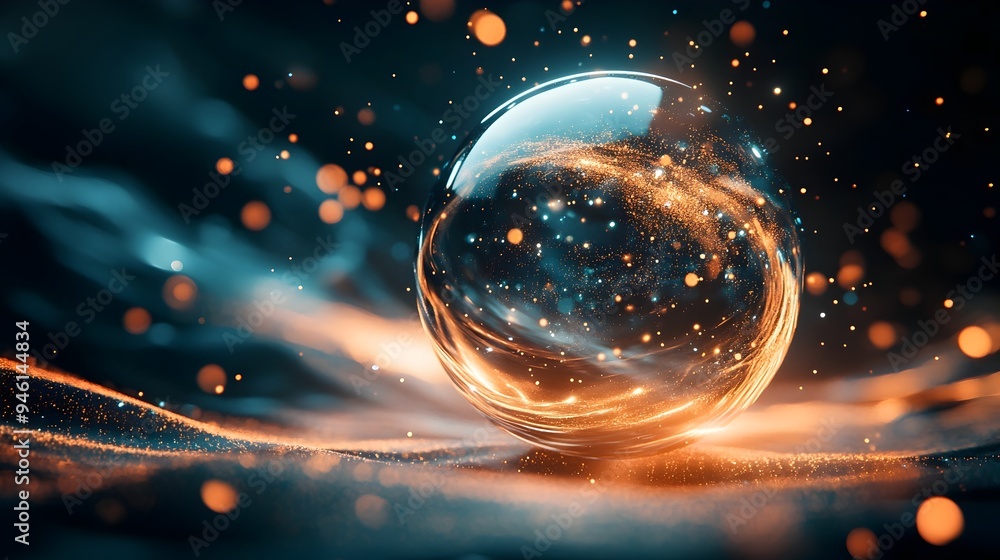 Poster a conceptual and visually captivating image depicting a crystal ball dissolving into a swirling arra