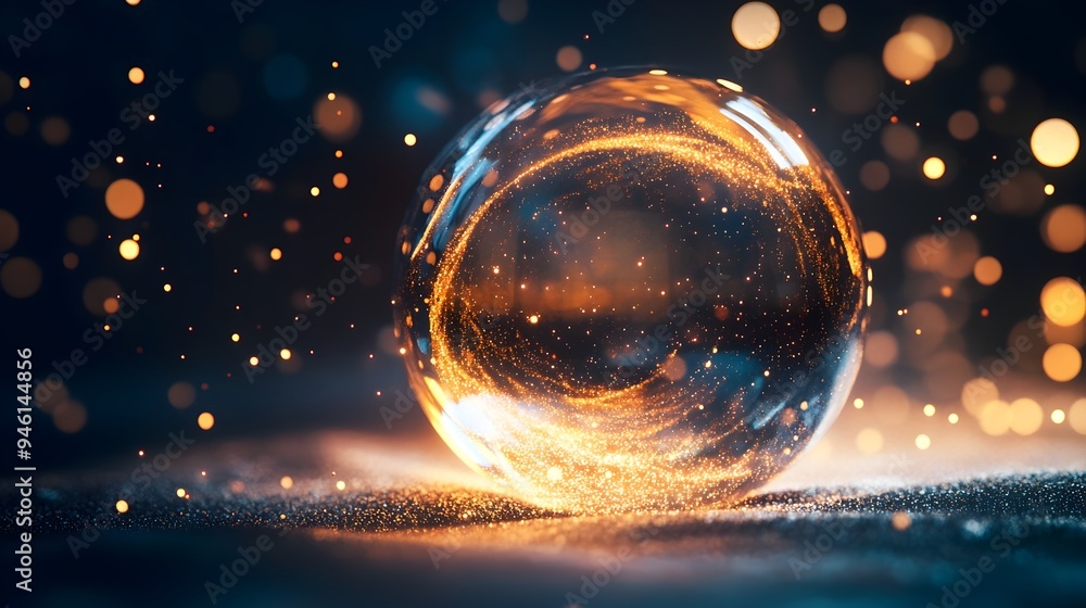 Poster a conceptual image depicting a crystal ball dissolving into shimmering particles with swirling light