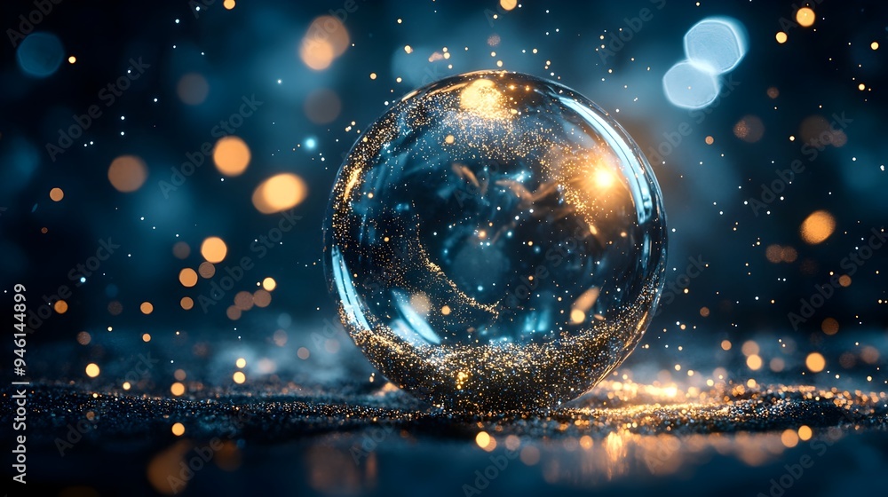 Poster a conceptual image of a crystal ball dissolving into a swirling array of luminous particles with iri