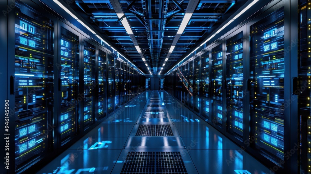 Poster interior of a data center with cooling systems and organized cable management, emphasizing efficienc