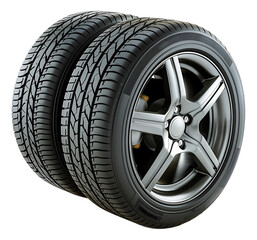 Fototapeta premium New Car Tires: Two brand-new, high-performance tires with stylish alloy rims, ready to hit the road. PNG