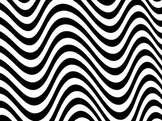 Trippy strip pattern. Horizontal background with black and white curved waves. Abstract optical illusion liquid shape. Ripple texture. Modern aesthetics of Swiss design wallpaper. Bauhaus vector art. 