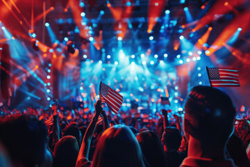 Crowd waving american flags during a concert with spotlights