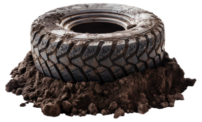 Off-Road Legacy: A mud-caked tire rests in the dirt, a testament to rugged journeys and adventures taken PNG