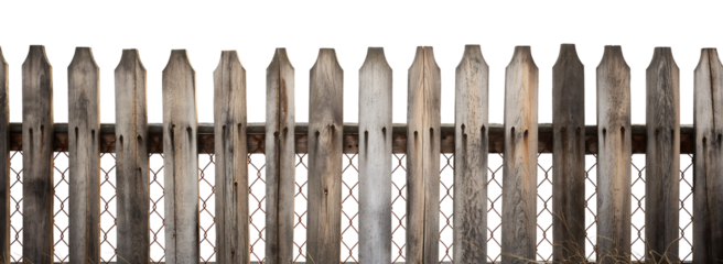 Weathered Wooden Fence: A rustic, weathered wooden fence with a metal wire mesh bottom. The fence is isolated on a white background, perfect for composite images and DIY projects.   PNG