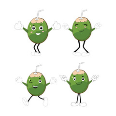 Set of green coconut fruit cartoon character, Mascot poses with smile expression Isolated Vector Illustration