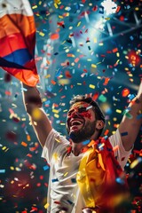 Fototapeta premium Triumphant Caucasian man celebrates in vibrant atmosphere. Confetti falls amidst dynamic lighting and energetic composition. Masked individual holds red flag, radiating joy and triumph.