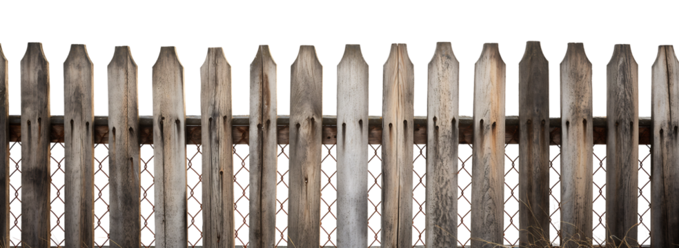 Weathered Wooden Fence: A rustic, weathered wooden fence with a metal wire mesh bottom. The fence is isolated on a white background, perfect for composite images and DIY projects.   PNG