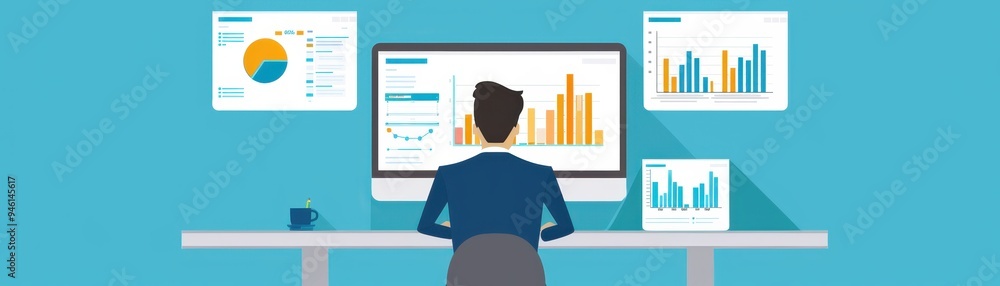 Poster analyst reviewing charts and graphs on multiple screens, focusing on data analysis and business metr