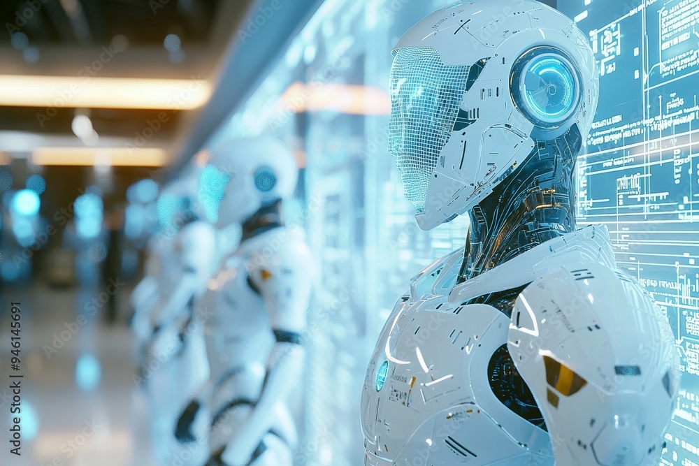 Poster manufacturing m2m m2b and automation technology in the future, a team of 3d robots in a futuristic v