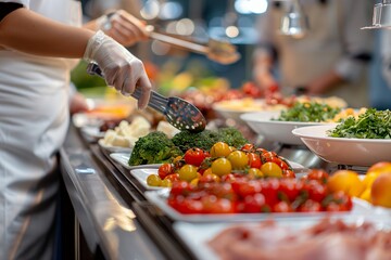 Obraz premium A buffet display featuring fresh vegetables and salads being served.