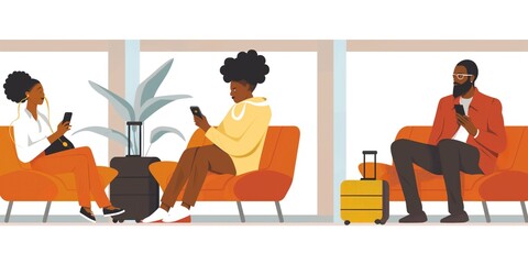 Lively airport scene features three individuals seated on orange chairs, engaged in own activity. Person reads book on left, another uses phone in center. To right, third individual focused on