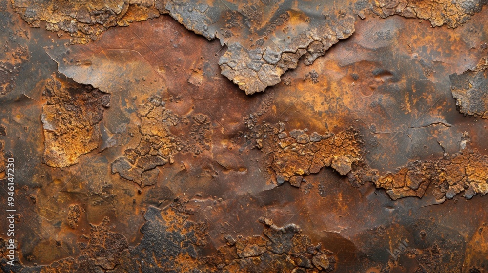 Poster top view of a corroded iron sheet with visible flaking and deep textures, perfect for a distressed, 