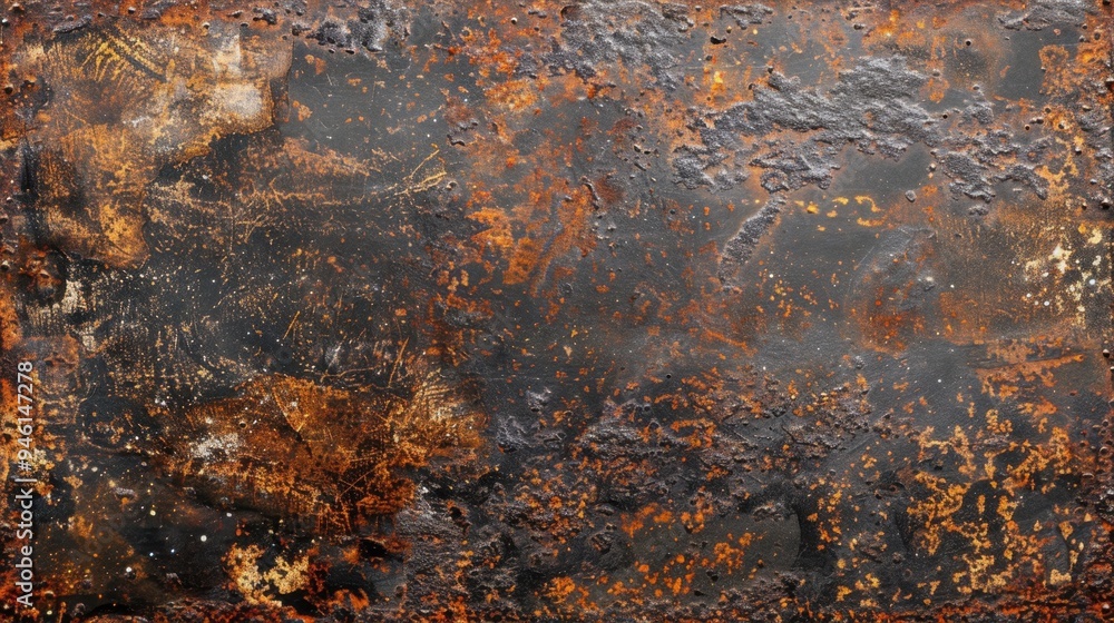 Poster top view of a corroded iron sheet with visible flaking and deep textures, perfect for a distressed, 