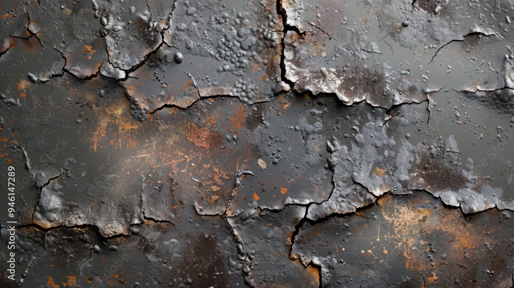 Poster top view of a corroded iron sheet with visible flaking and deep textures, perfect for a distressed, 