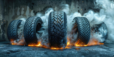 Five tires burning with smoke and fire on asphalt