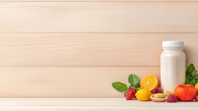 Artistic still life of a vitamin bottle and healthy breakfast items, set against a natural wooden background