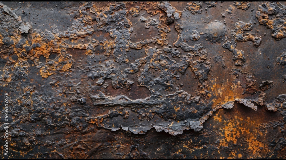 Poster top view of a corroded iron surface with rough, pitted textures and deep rust patterns, ideal for a 