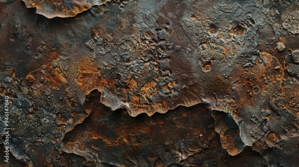 Poster top view of a corroded iron surface with rough, pitted textures and deep rust patterns, ideal for a 