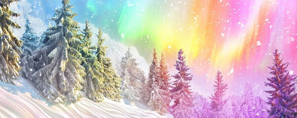 The vintage wallpaper shows a winter landscape with snow and fir trees
