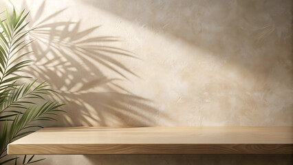 Empty table on beige wall texture background with leaf shadow on wall