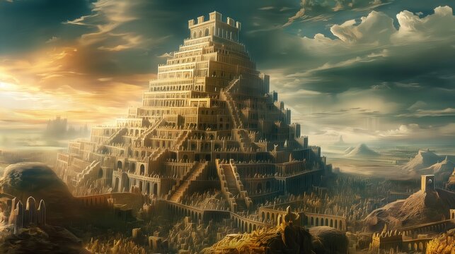 Grand pyramid-like structure bathed in yellow, orange hues. Multiple levels adorned with smaller towers add to imposing stature. Nestled in desert landscape with rocks, shrubs. Sky mirrors colors of